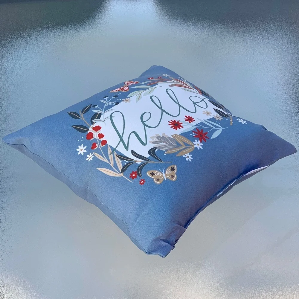 Hampton Bay Blue Floral & Butterfly Hello Indoor Outdoor Throw Pillow 16
